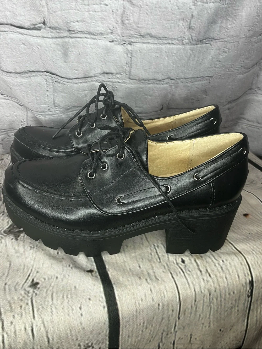 Grunge Whimsigoth Black Pleather Chunky Heel Lug Sole Dark Academia Lace Shoes 5